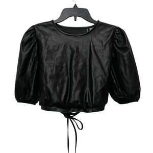 Divided Black Faux Leather Crop Top Women M Black Puff Sleeves Grunge Witchycore